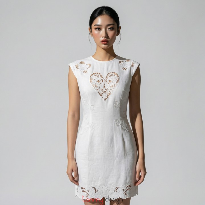 Sleeveless qipao dress with lace heart and floral hem